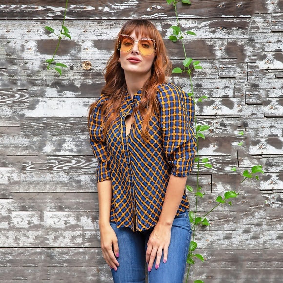 Eva Franco Anthropologie Textured Plaid Puff Sleeve Blouse - Picture 3 of 10